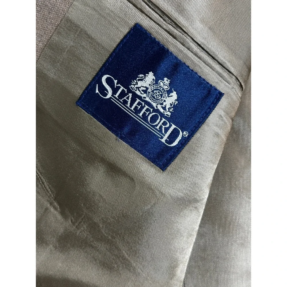 Stafford Blazer 44R Gray Brown Beige Worsted‎ Wool Gold Button Sport Coat Crest